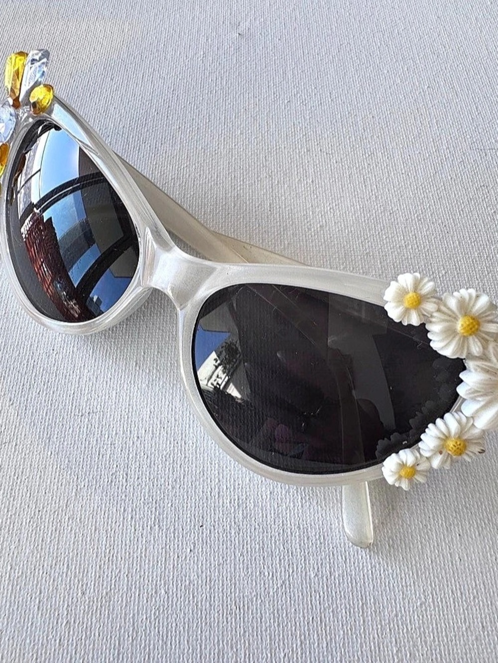 Floral White & Yellow Gemstone 50s Costume Sunglasses Handmade Custom Vintage